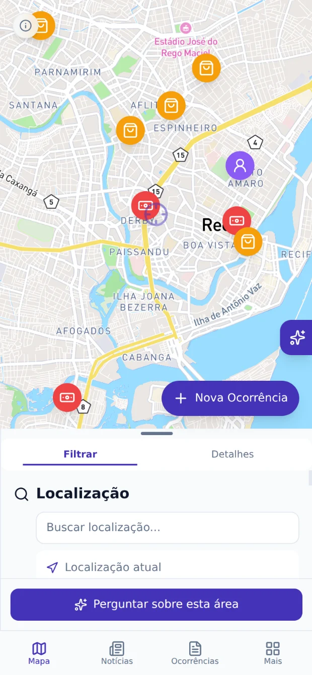 Tela do mapa do Senthura, com ocorrências marcadas nos bairros do Recife